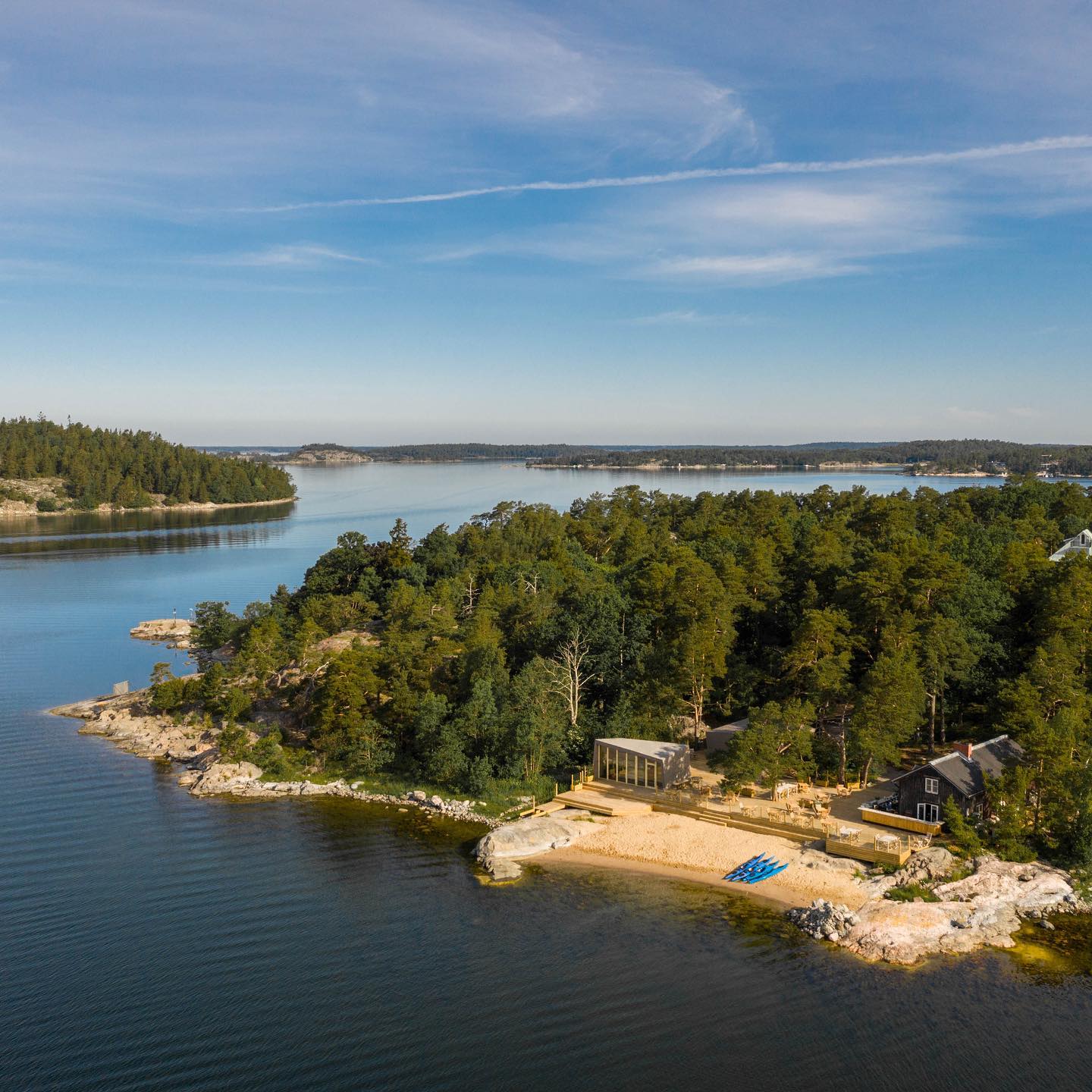 drönarbild på Idöborg med granar och sandstrand och hav